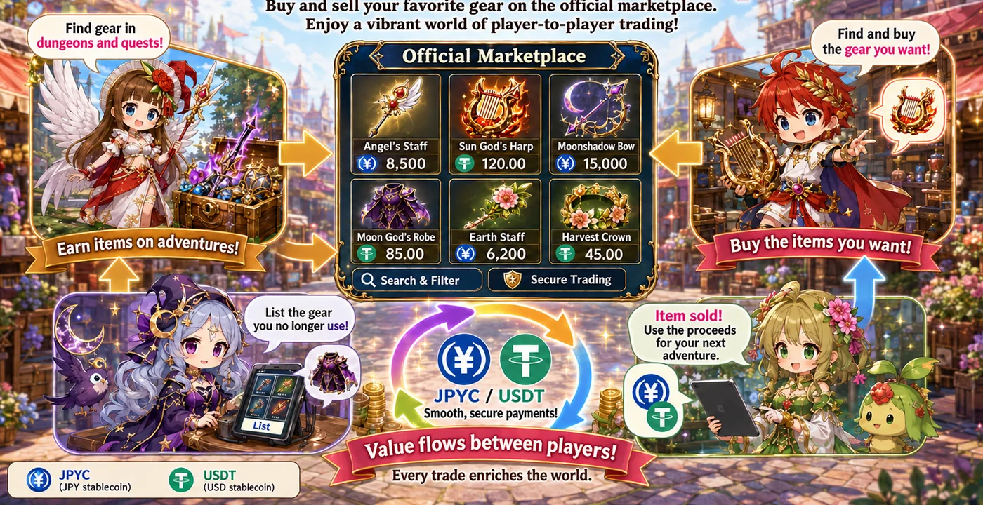 Diagram of the official marketplace: listing, purchase, and proceeds returning to the next adventure.