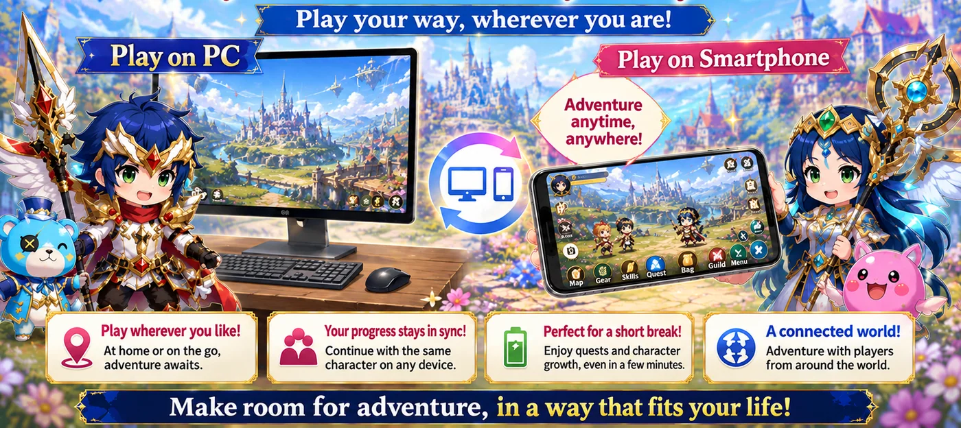 Diagram showing the same adventure continuing across PC and smartphone.