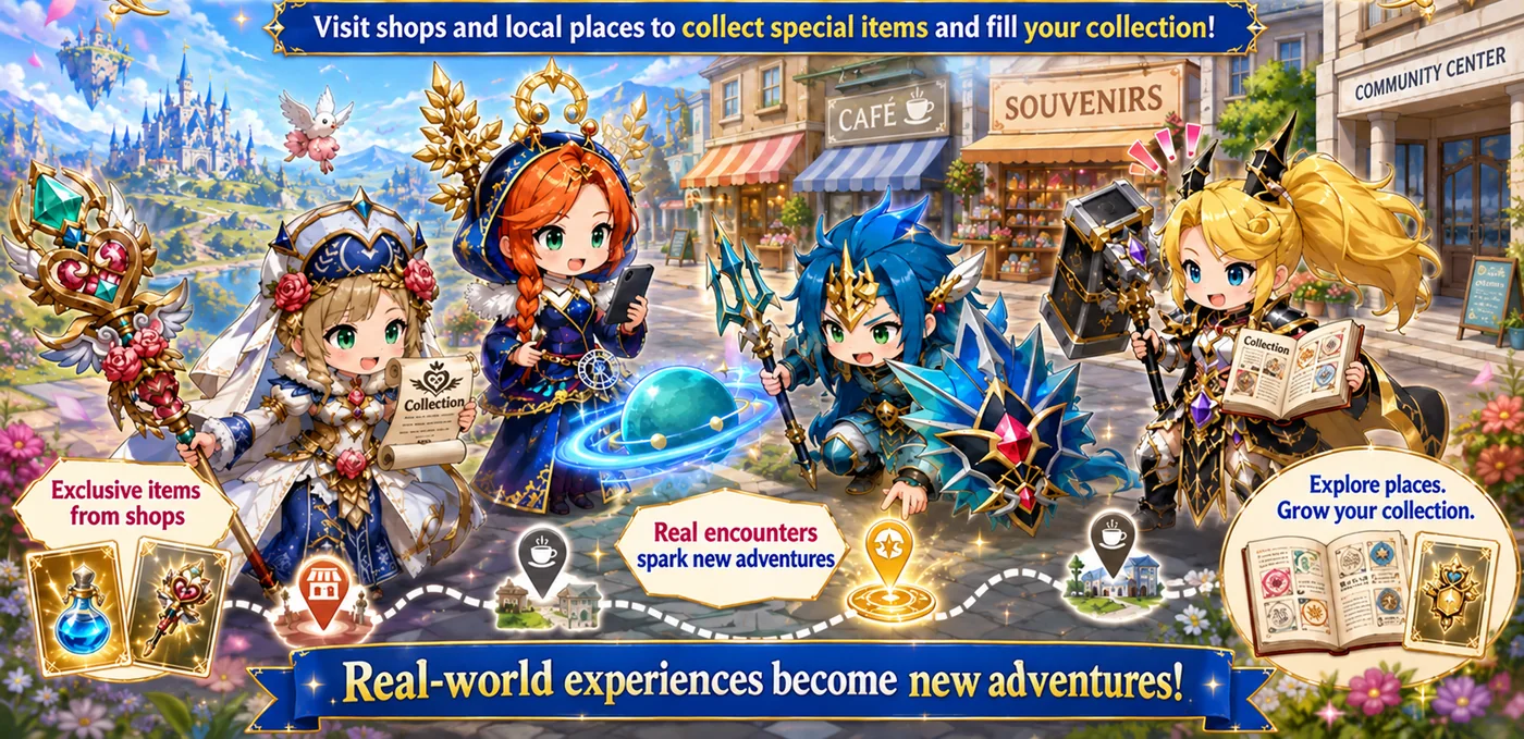 Adventurers visiting shops and local places, collecting exclusive items and filling a collection.