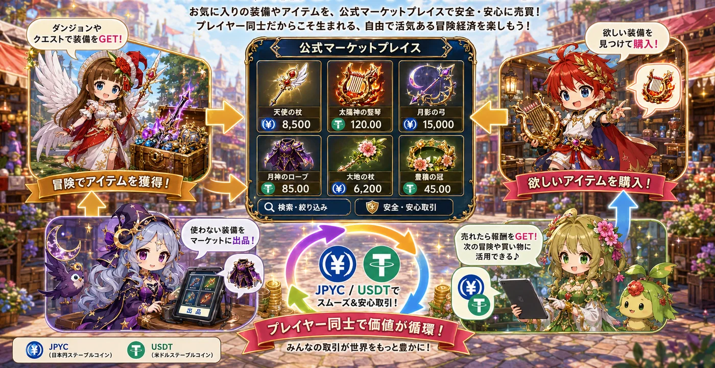 公式マーケットプレイスの図解。出品から購入、報酬が次の冒険へ還る流れ。