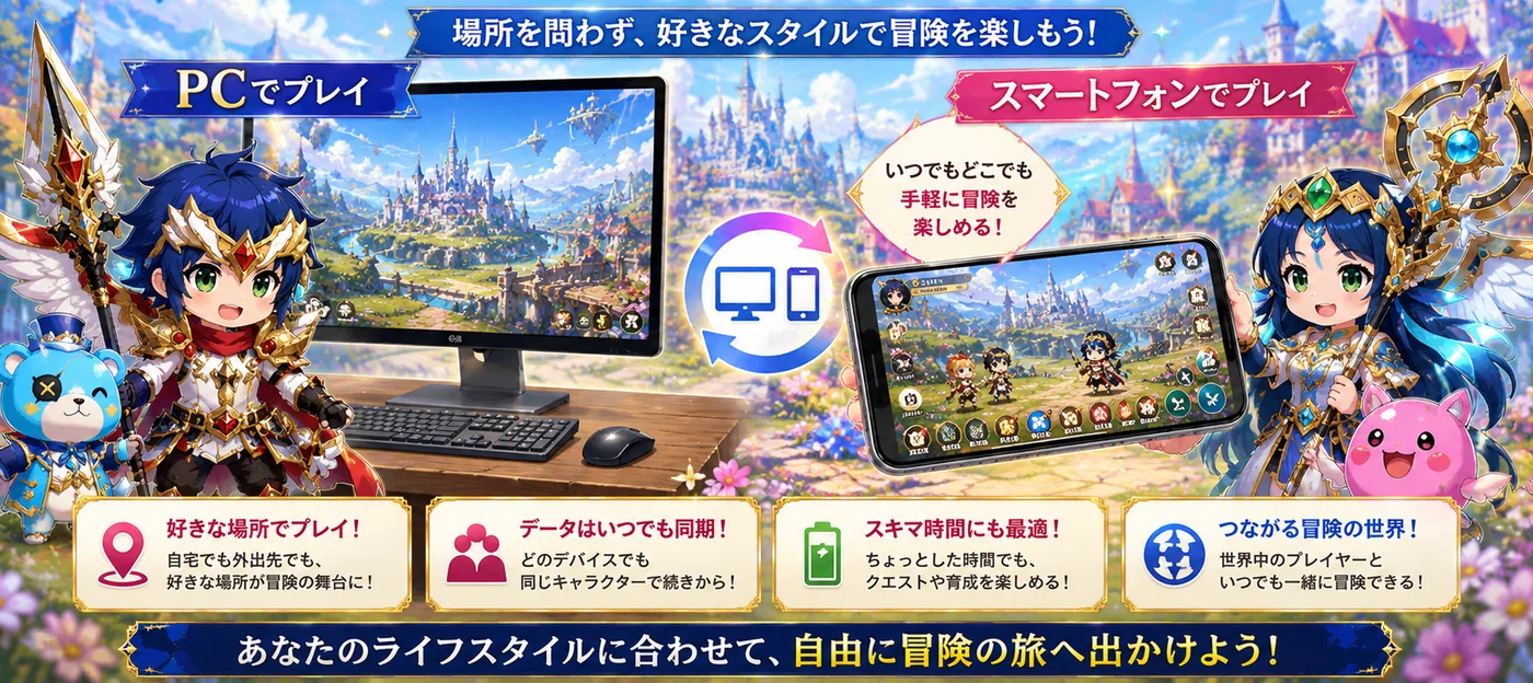 PCとスマートフォンで同じ冒険を続けられることを示す図。