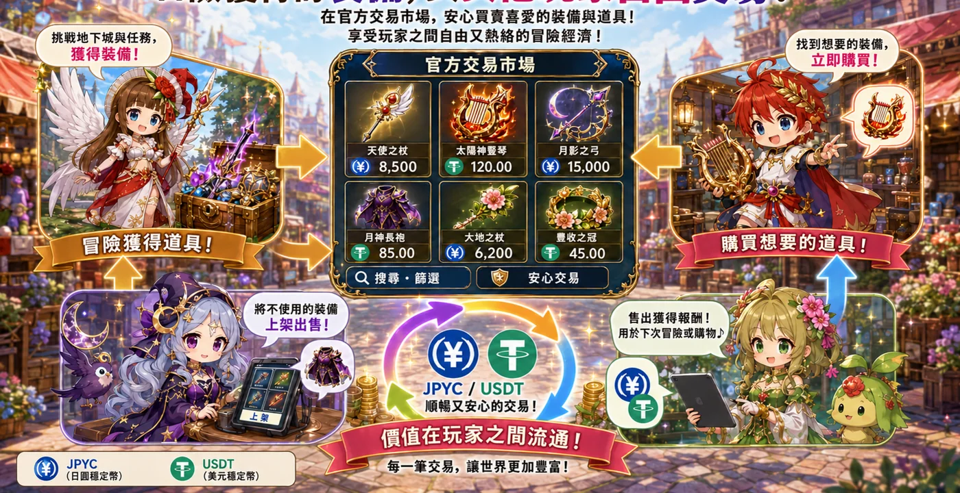 官方交易市場圖解。從上架到購買,報酬回到下一次冒險的流程。