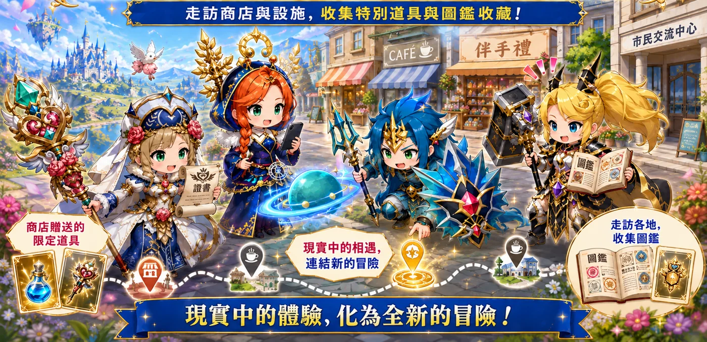 冒險者走訪商店與設施,收集限定道具與圖鑑的畫面。