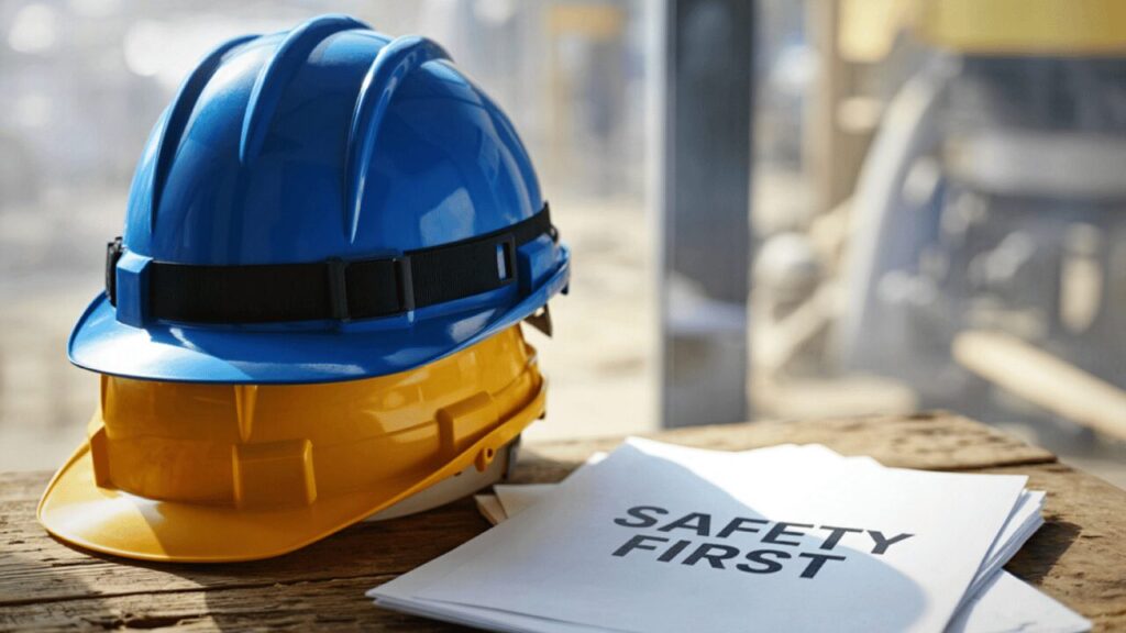 ヘルメットと英語が書かれた紙